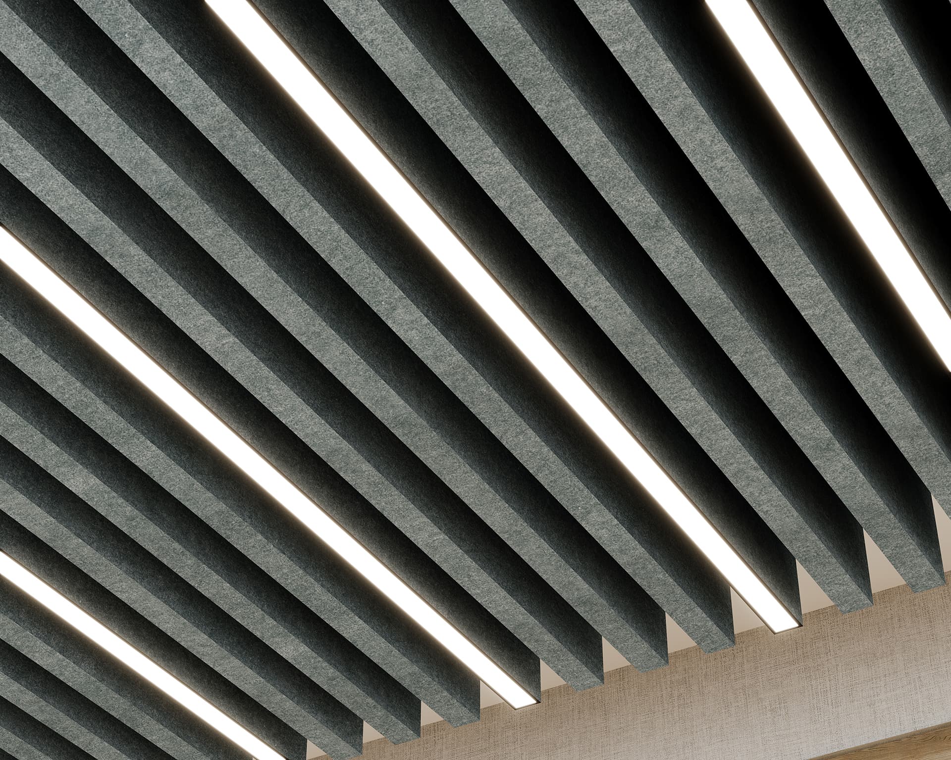 Close-up of a ceiling featuring linear, evenly spaced grey acoustic felt baffles with integrated white light strips, creating a modern, geometric design.