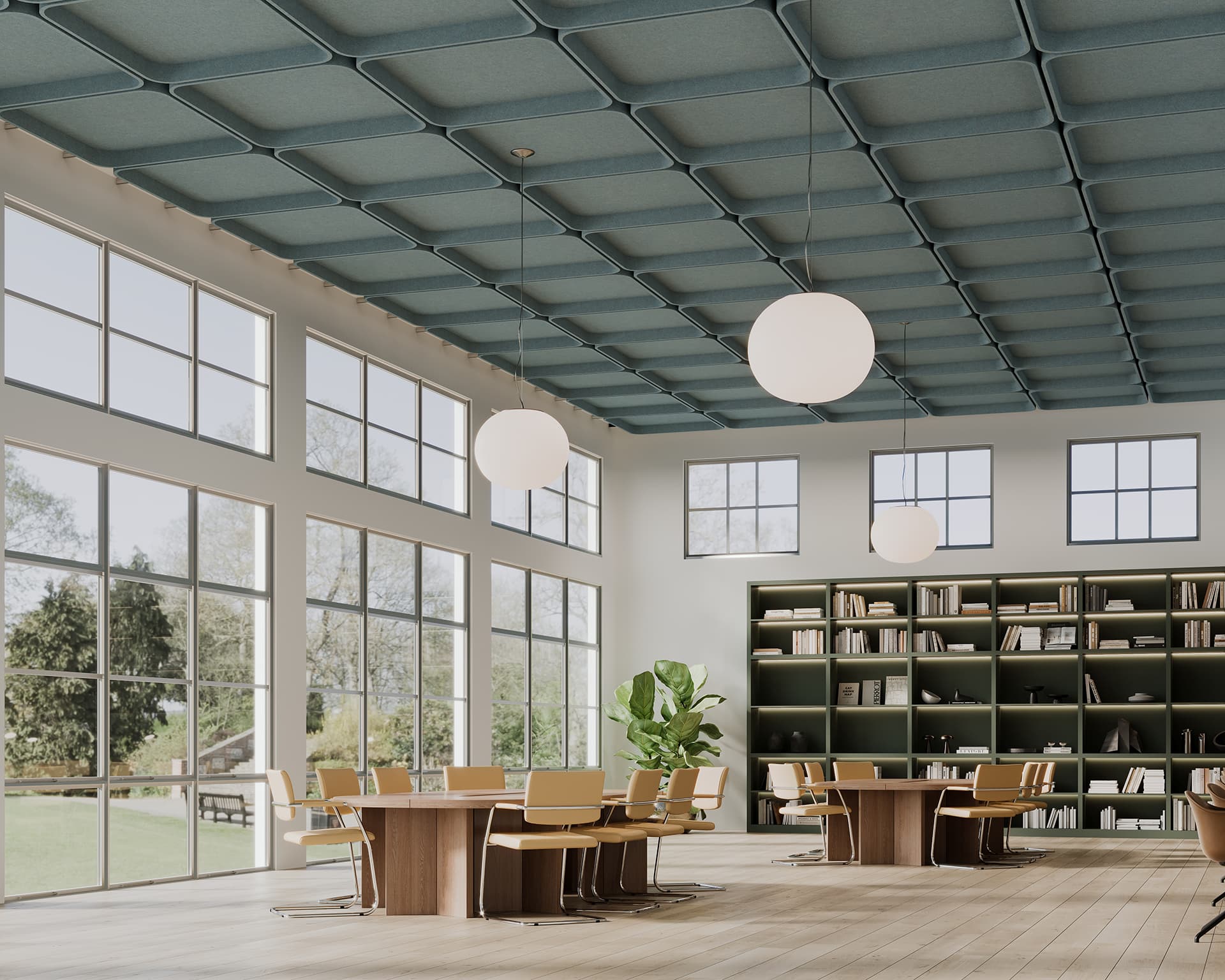 Spacious modern library with large windows and a green wall of bookshelves. Round tables and chairs align the room, and three spherical lamps hang from the textured acoustic felt ceiling. Natural light brightens the interior, with a view of greenery outside.