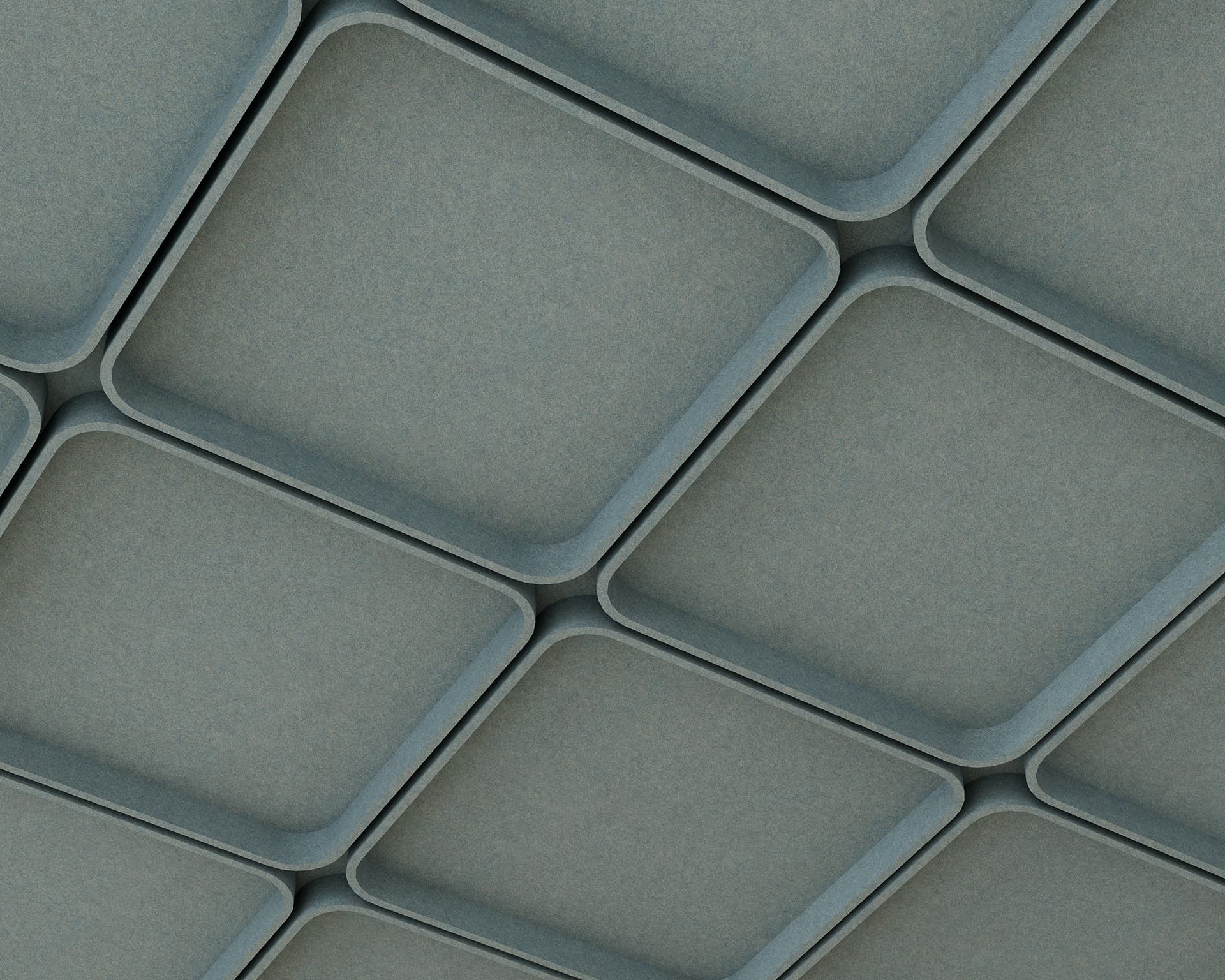A close-up view of a geometric acoustic felt ceiling design featuring square panels with beveled edges, creating a grid pattern. The panels are a muted gray color, giving the ceiling a modern and structured appearance.