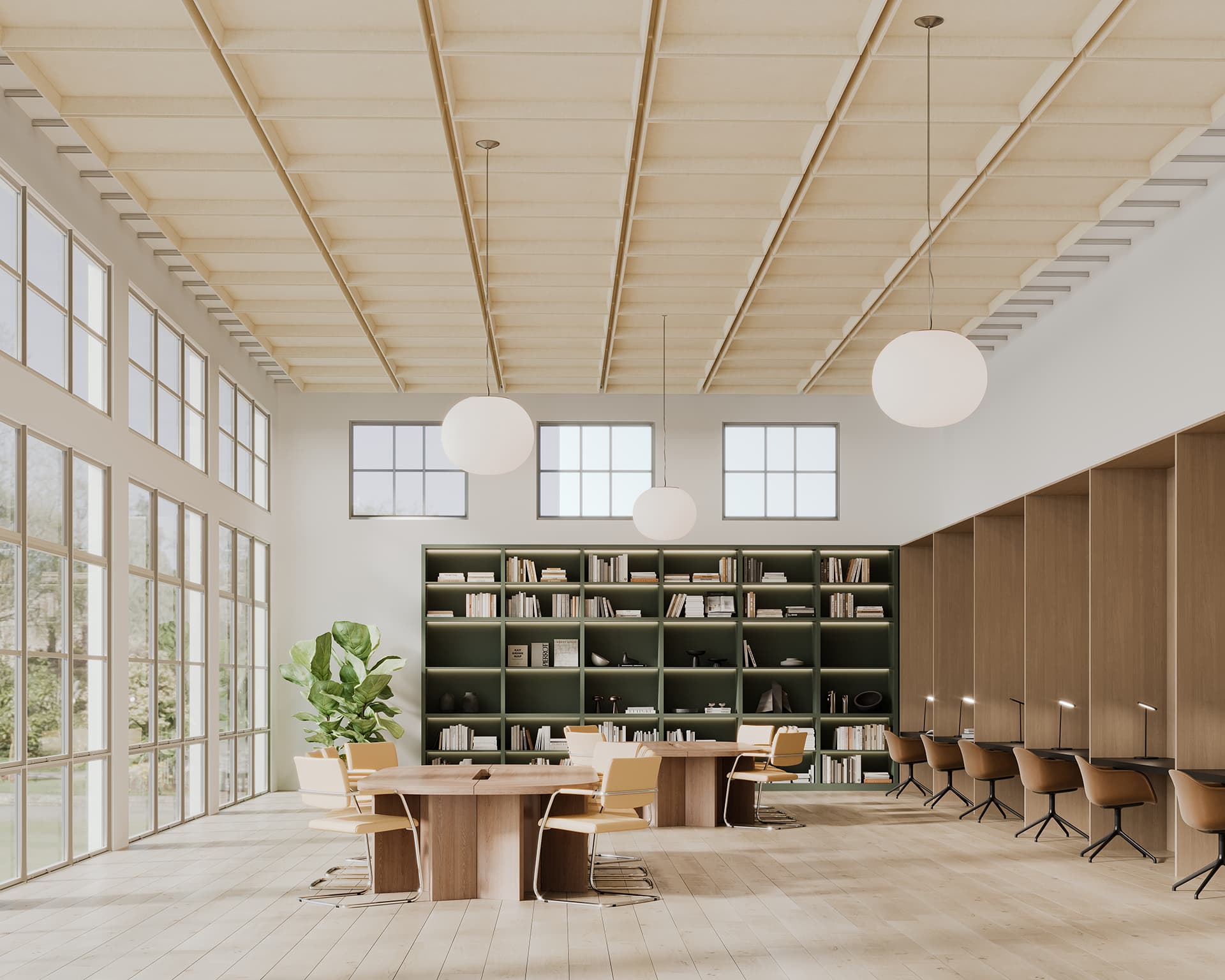 A modern library with high acoustic felt ceilings and large windows. Wooden tables and chairs are arranged neatly in the room. A shelf filled with books lines the back wall, and round pendant lights hang from the ceiling. A potted plant adds greenery.