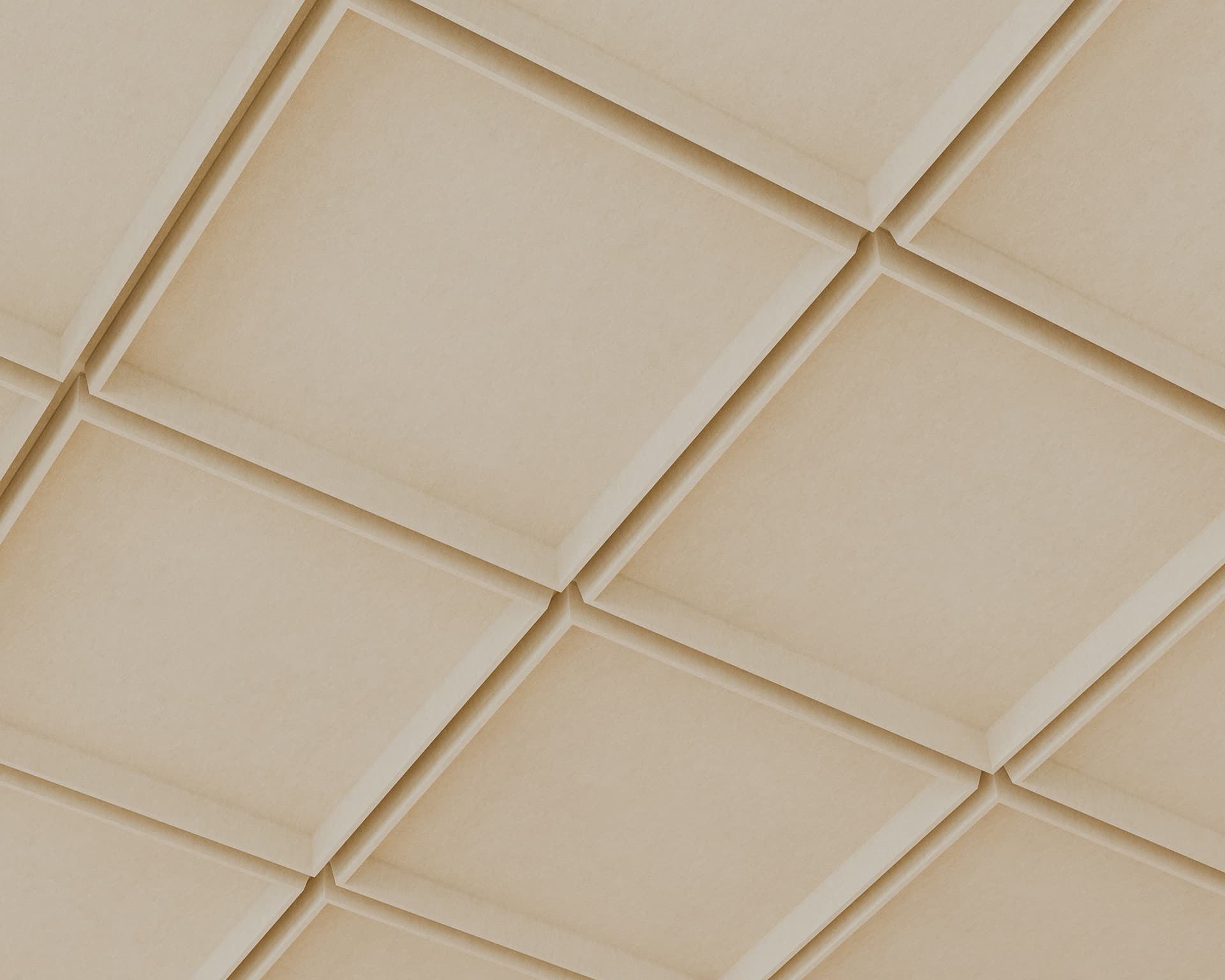 Geometric pattern of beige, square-shaped acoustic felt tiles arranged diagonally. The tiles create a 3D effect with shadowed edges, giving an illusion of depth and texture. The tone is warm and neutral, enhancing the structured, orderly design.