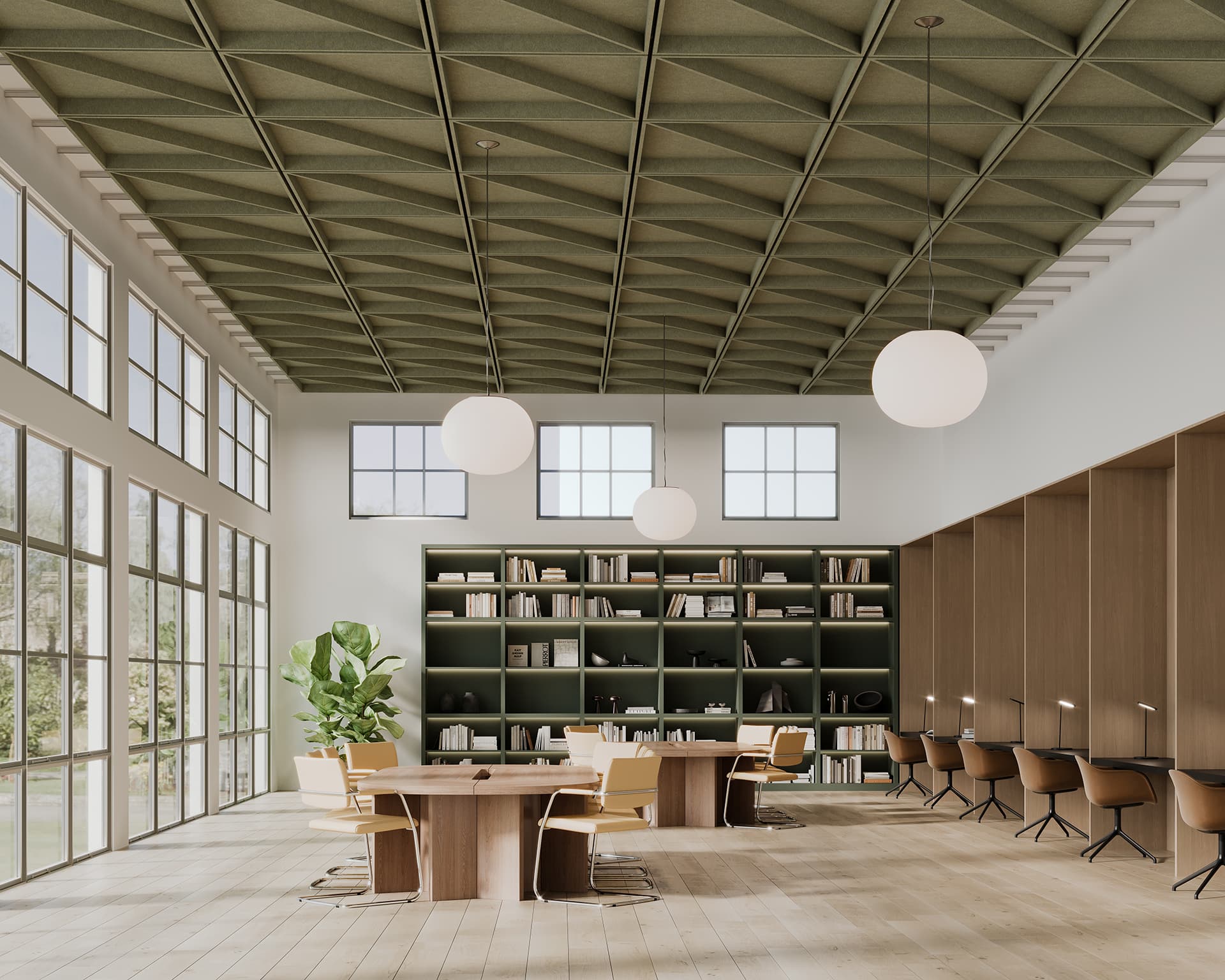 A modern library with tall windows, green acoustic felt ceiling, and a wooden floor. It features large bookshelves, circular white pendant lights, and seating areas with chairs and tables. A tall plant is near the bookshelves.