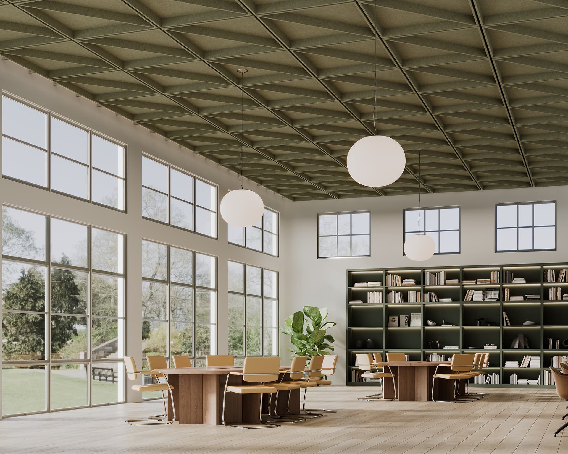 A spacious library room with large windows, green acoustic felt ceiling, and pendant lights. Rows of tables with beige chairs are positioned on light wooden floors. A tall bookshelf and a potted plant enhance the modern, airy atmosphere.