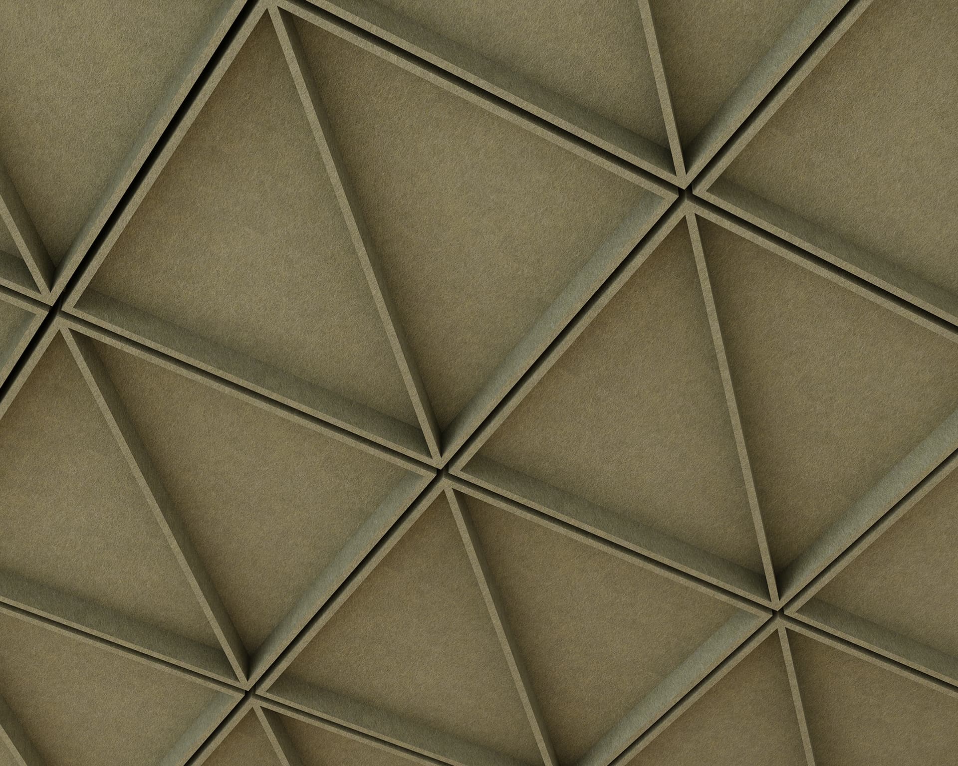 Close-up view of a geometric acoustic felt ceiling pattern featuring a series of interlocking triangles and diamonds. The surface has a textured, beige appearance, creating a symmetrical, three-dimensional effect.