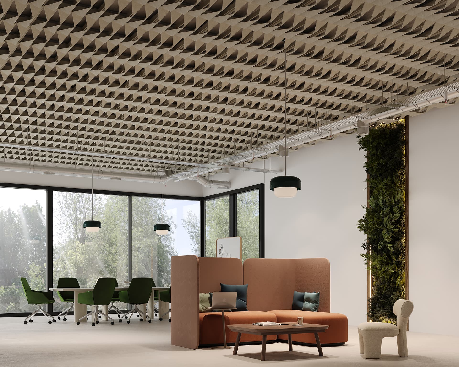 Modern office space with geometric acoustic felt ceiling panels, a brown couch, green chairs, and a wooden table. Large windows reveal trees outside. Pendant lights hang from the ceiling, and a vertical garden decorates one wall.