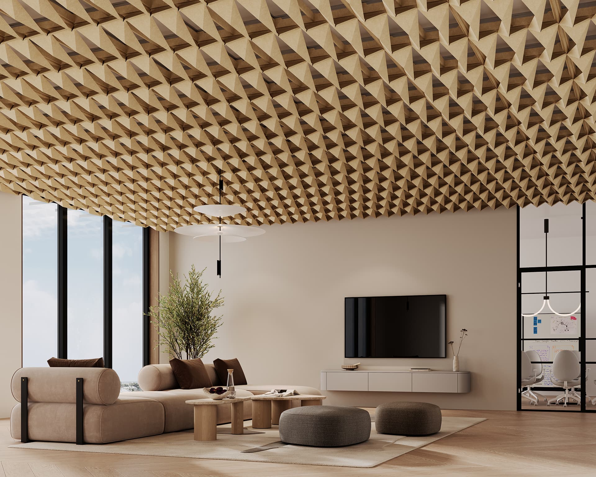 Spacious modern living room with a unique geometric acoustic felt ceiling, beige sofa, and round poufs. A flat-screen TV is mounted on the wall, and large windows offer a view of the sky. A potted plant adds greenery to the space.