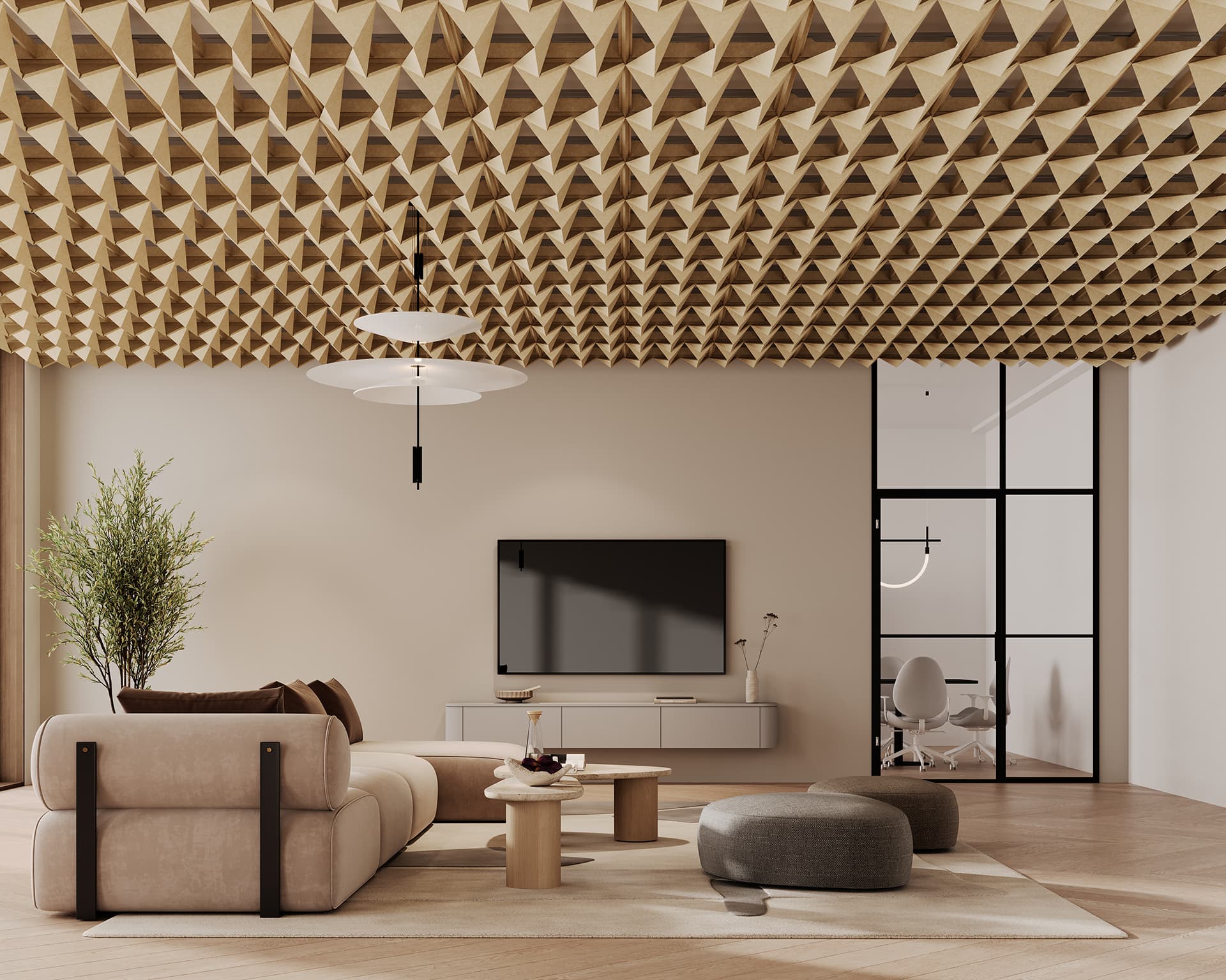 Modern living room with a geometric acoustic felt ceiling and neutral tones. Features a beige sofa, round ottomans, a TV on a wall-mounted unit, and a plant. A modern office area is visible through a glass partition. Unique pendant light hangs from the ceiling.