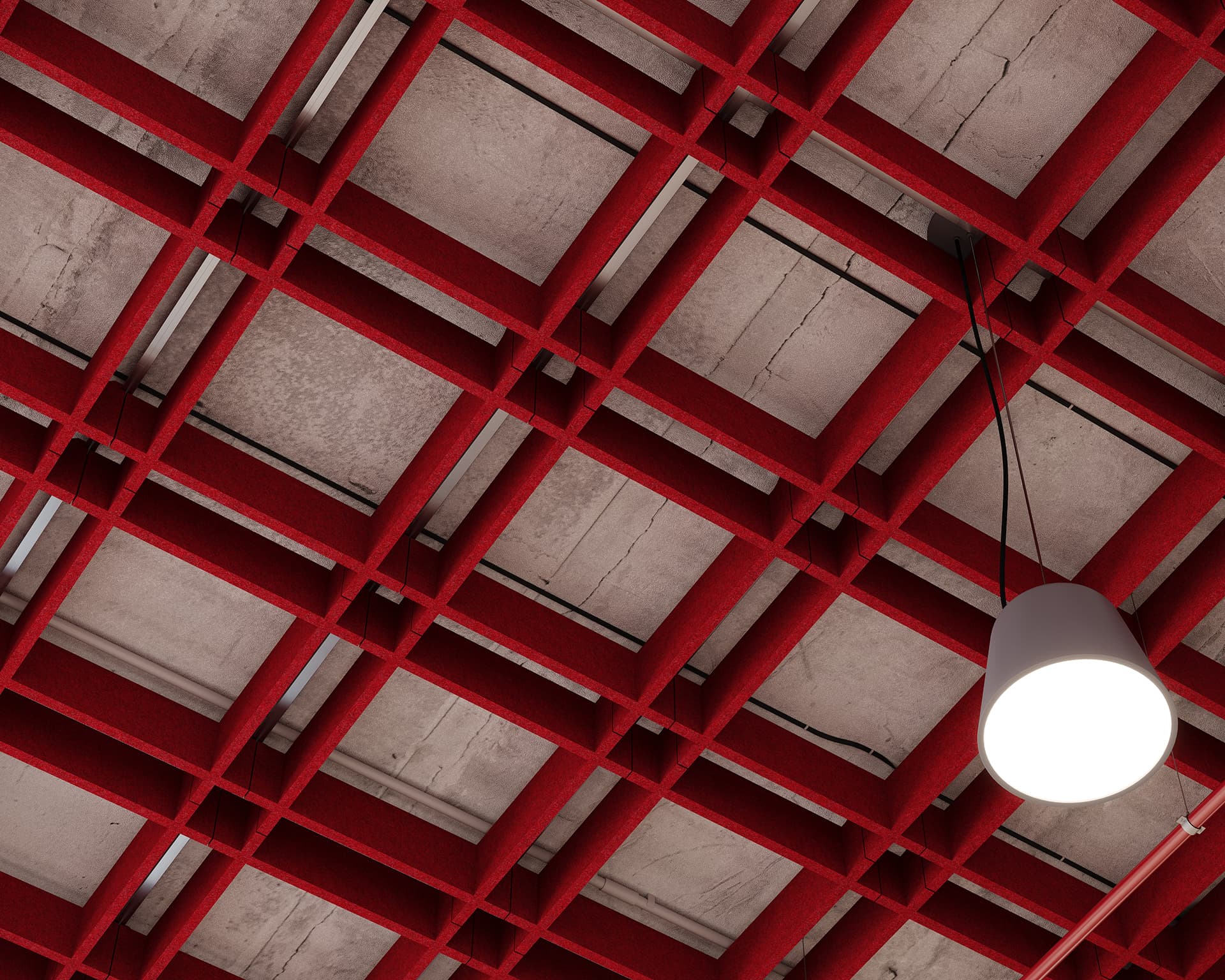 View of an acoustic felt ceiling with a red grid-like framework overlaid on a concrete surface. A single pendant light fixture with a white shade hangs from one of the grid sections.
