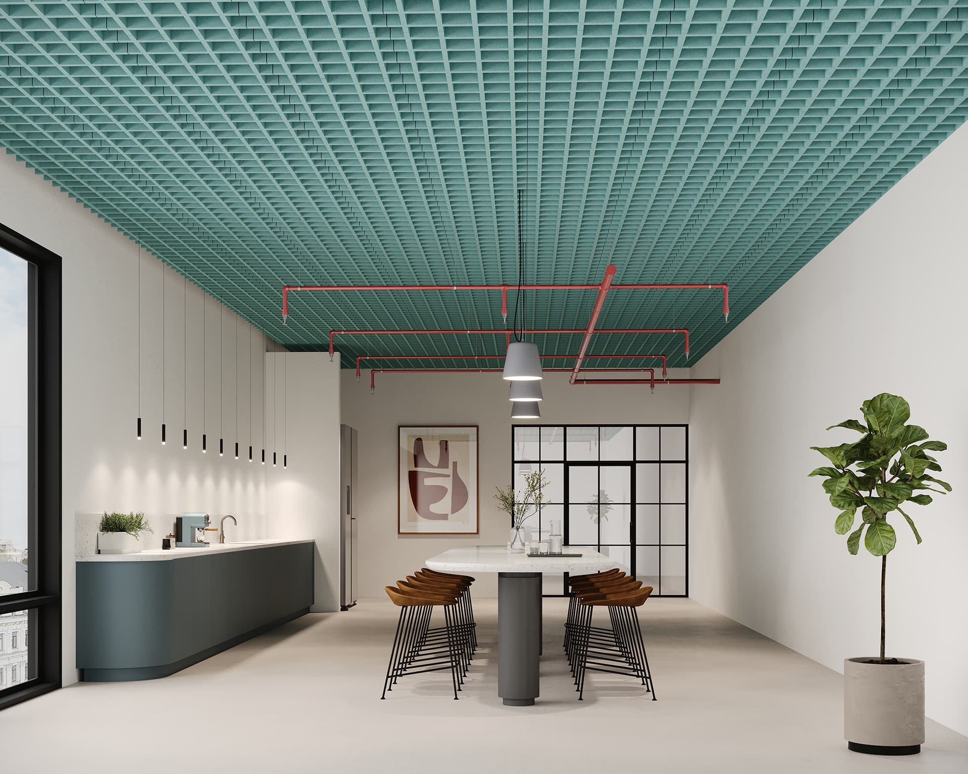 Modern office kitchen with a textured acoustic felt teal ceiling and red exposed piping. Features a long counter with appliances, a central table with wooden stools, large pendant lights, a framed abstract art piece, and a potted plant by a windowed glass wall.