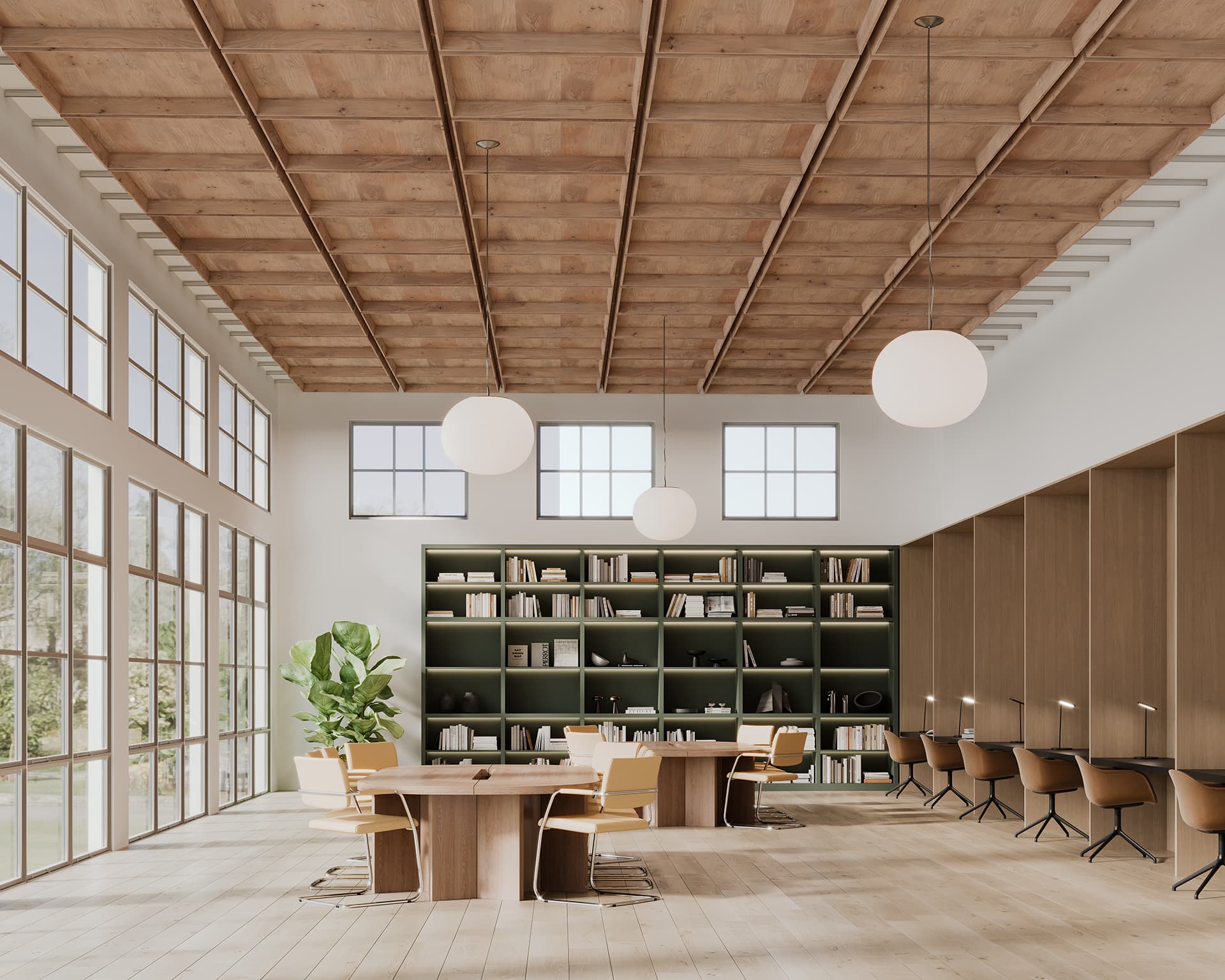 Spacious, modern library with a woodgrain acoustic felt ceiling and floor-to-ceiling windows. Features round pendant lights, a large bookshelf, and wooden tables surrounded by chairs. A potted plant is in the corner. Bright and airy atmosphere.