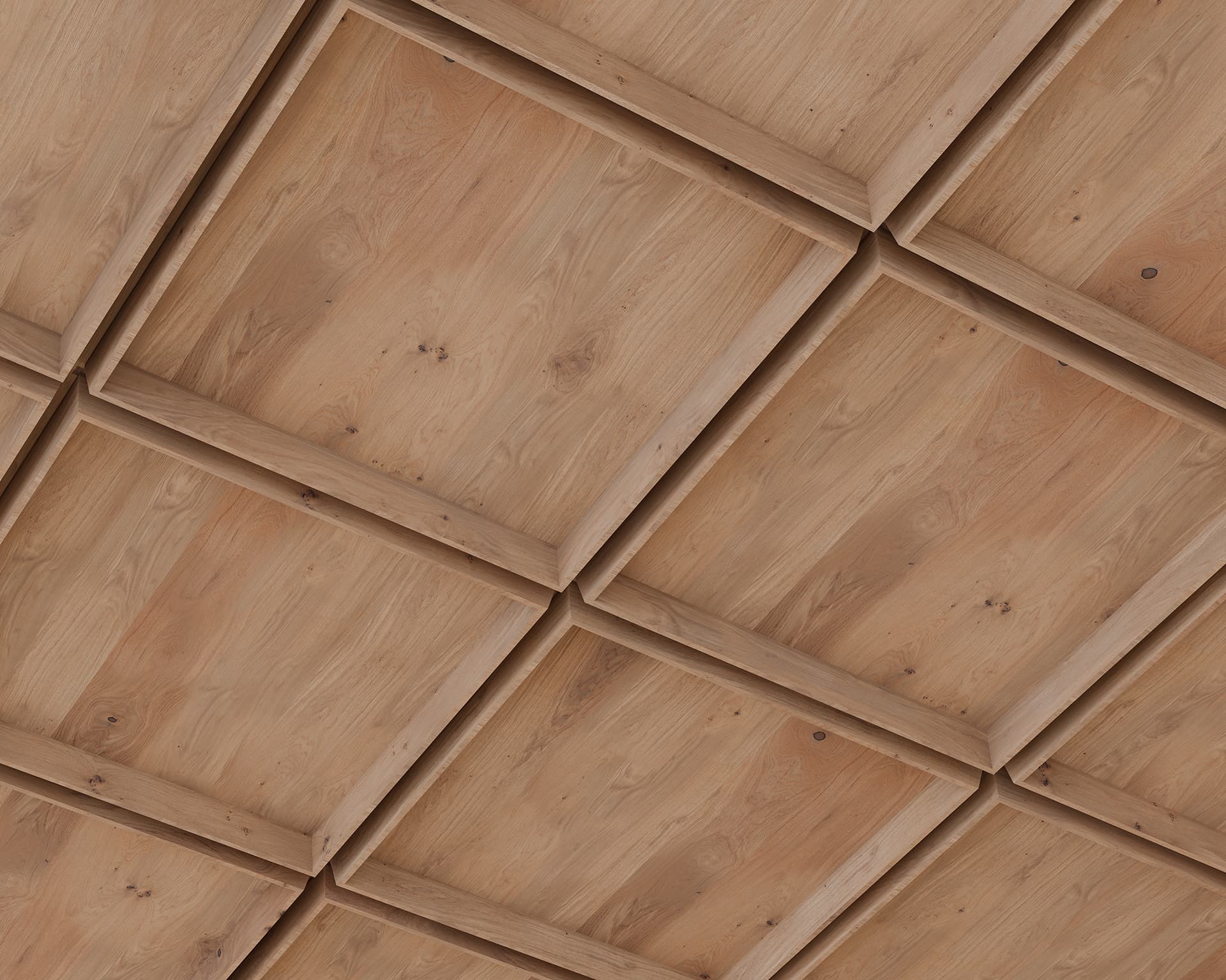 Acoustic felt ceiling with a grid pattern of square panels and recessed beams, featuring a natural wood grain texture and mild color variations. The perspective is angled, providing a dynamic view of the geometric design.