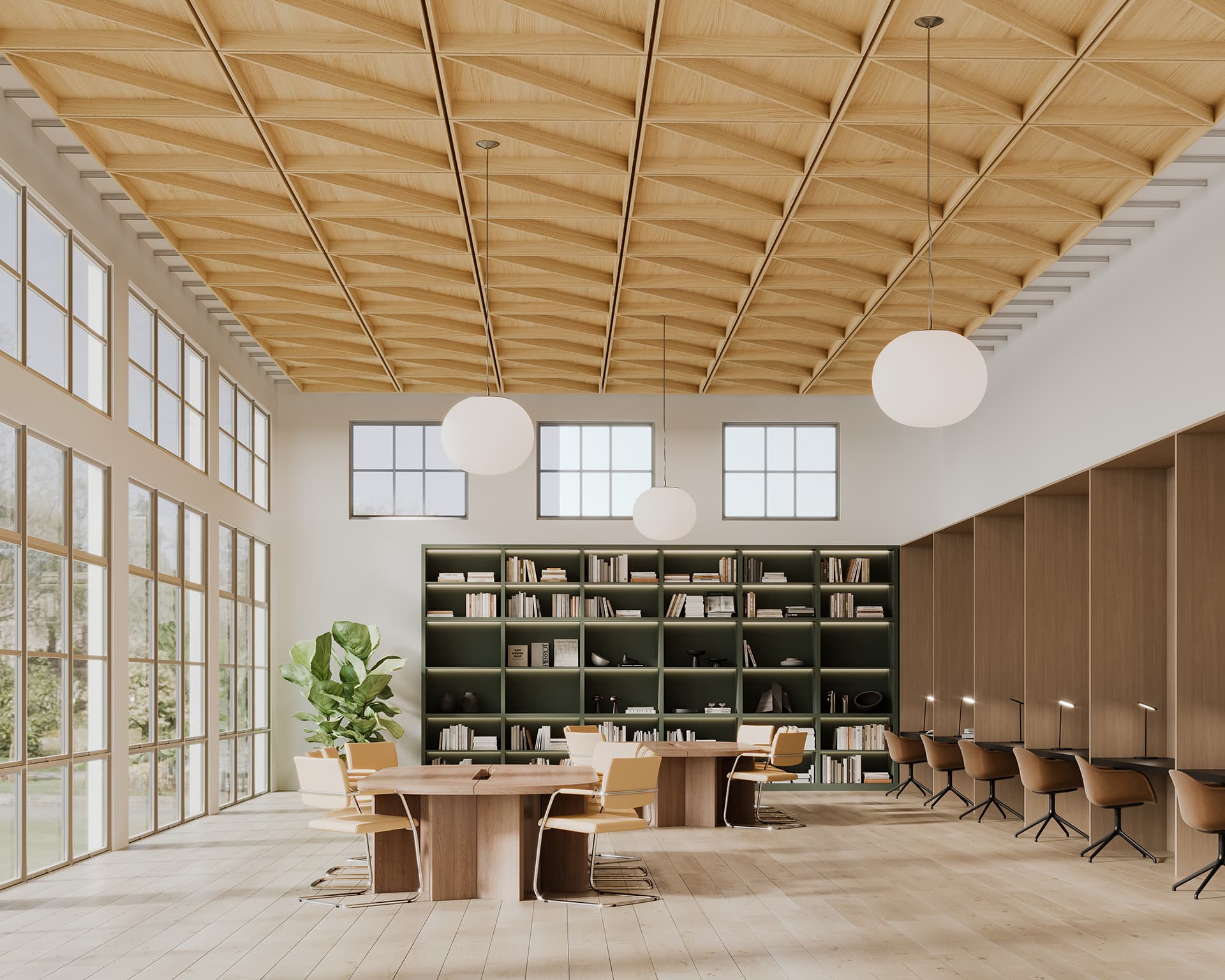 A modern library with a high woodgrain acoustic felt ceiling and large windows. Two tables with chairs are in the center, surrounded by bookshelves filled with books. Globular pendant lights hang from the ceiling, and a large plant adds greenery.