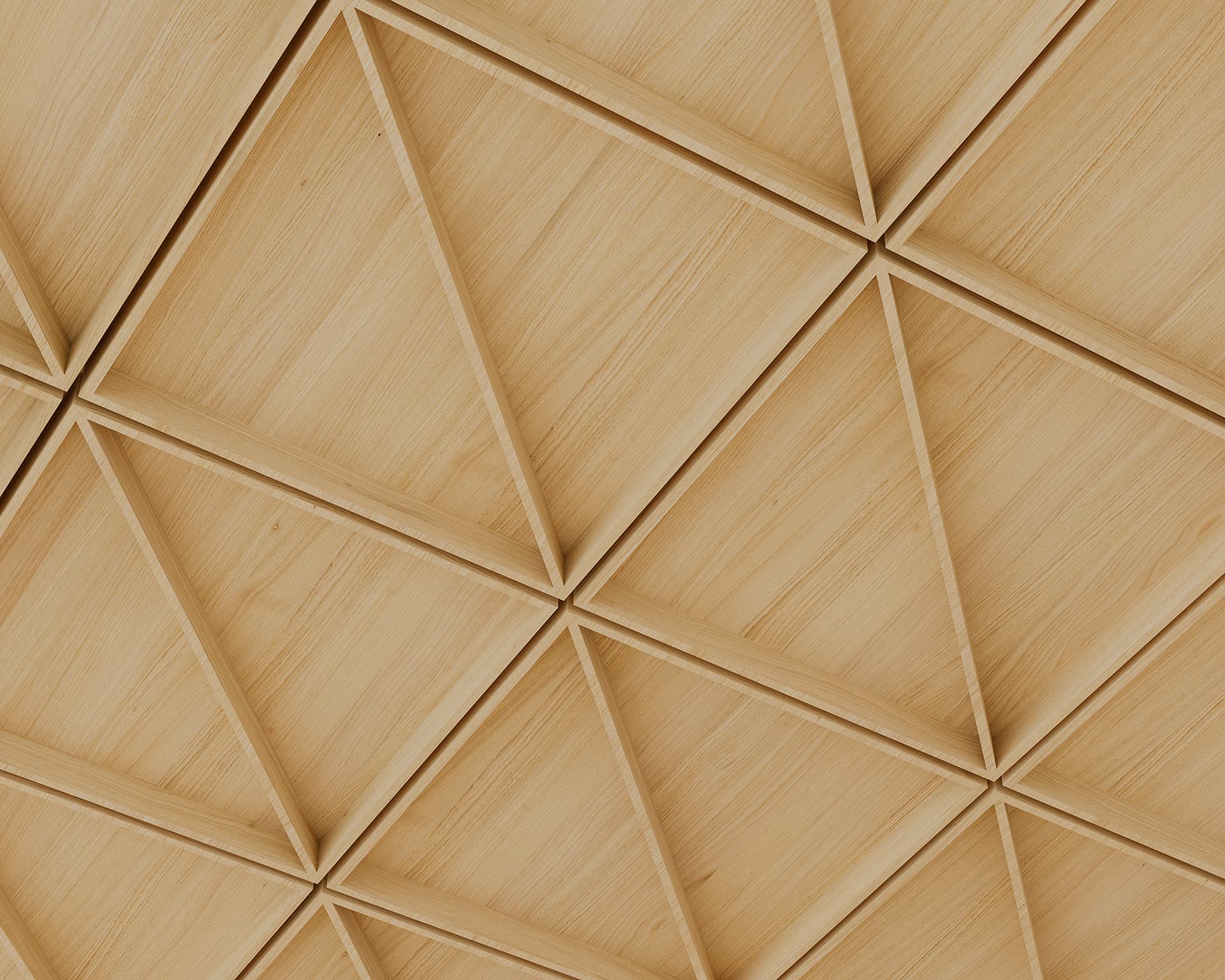Woodgrain acoustic felt ceiling with a geometric pattern of intersecting diagonal lines forming triangles and squares. The natural wood grain adds texture to the light brown surface, creating a modern, symmetrical design.