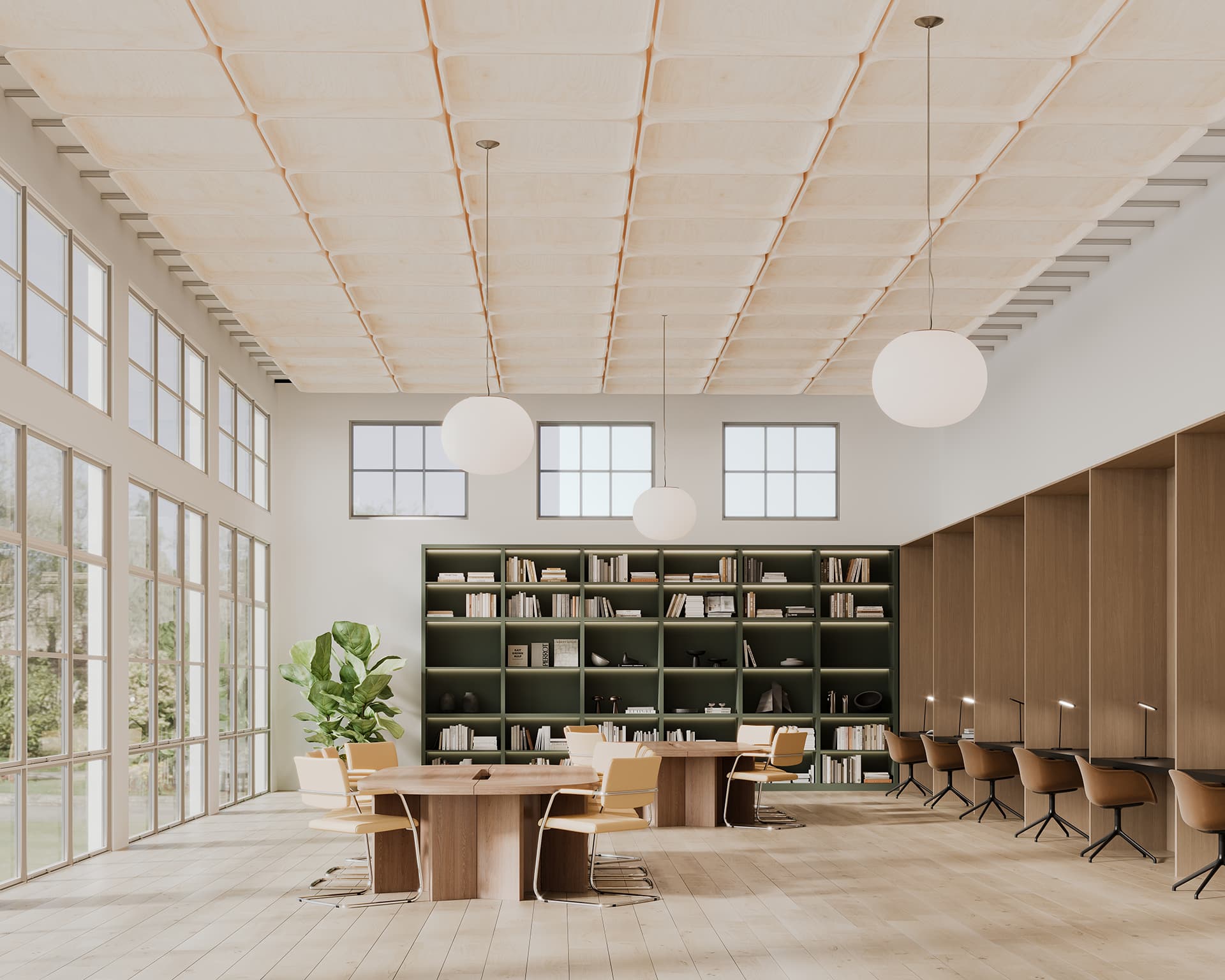 A modern library with high acoustic felt ceilings, large windows, and three circular pendant lights. It features green bookshelves, wooden tables with chairs, and a row of desk lamps. A potted plant is placed near the windows.