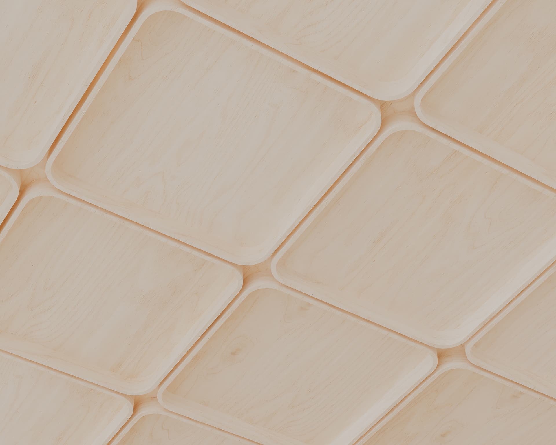 A pattern of light woodgrain square acoustic felt panels arranged diagonally, creating a textured and geometric design. The panels have a natural wood grain and light finish, giving a warm and minimalistic appearance.