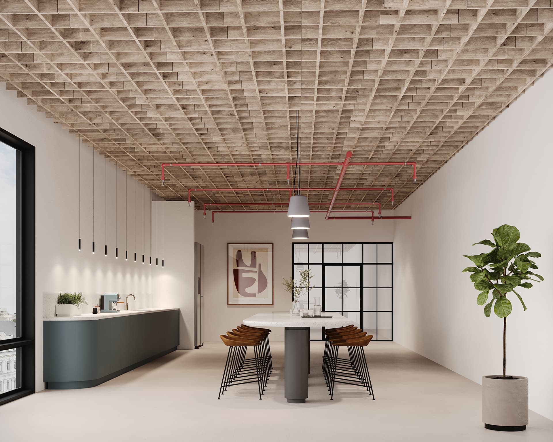 Modern office kitchen with a woodgrain acoustic felt grid ceiling, red pipes, and a large window. Features a long counter with barstools, a minimalist art piece, and a potted plant. Pendant lights hang above the island and countertop.