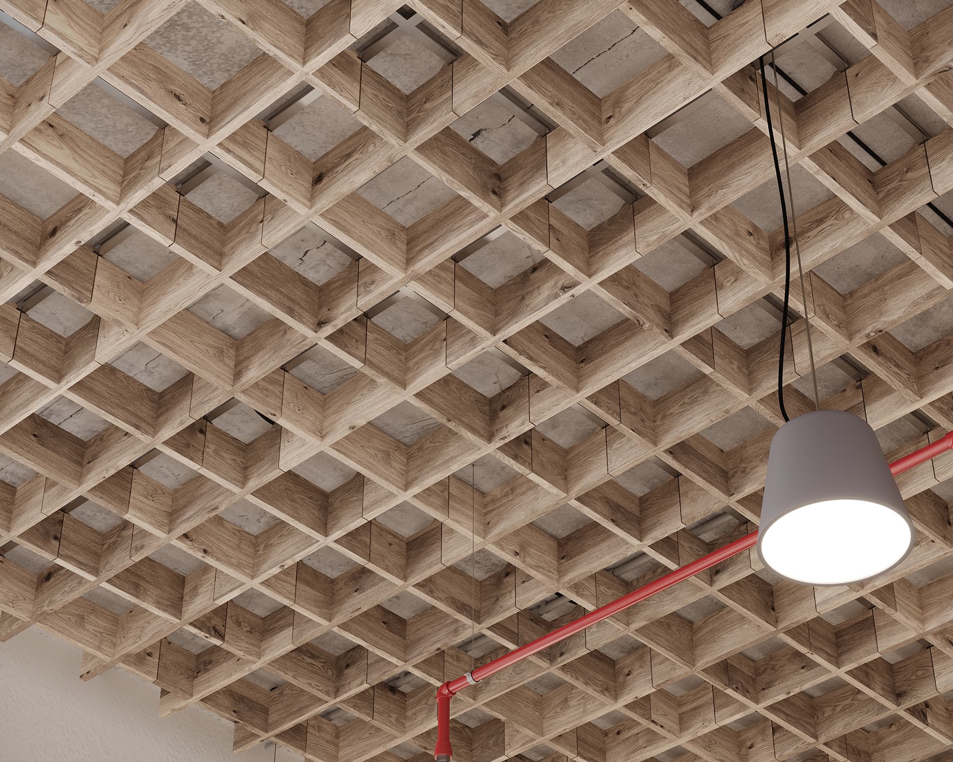 Wooden lattice acoustic felt ceiling with a modern white pendant light fixture and exposed red piping, creating a geometric and industrial aesthetic. The pattern of the wooden beams forms a grid-like design, casting shadows on the ceiling.