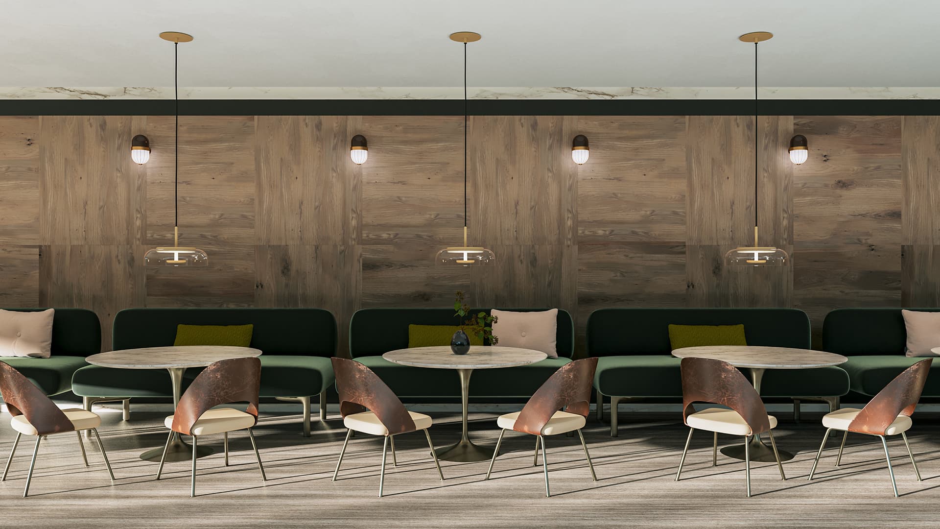 Modern cafe interior with woodgrain acoustic felt walls and flooring. Features long green cushioned seating against the wall, round marble tables, and brown chairs. Pendant lights hang from the ceiling, creating a cozy atmosphere.