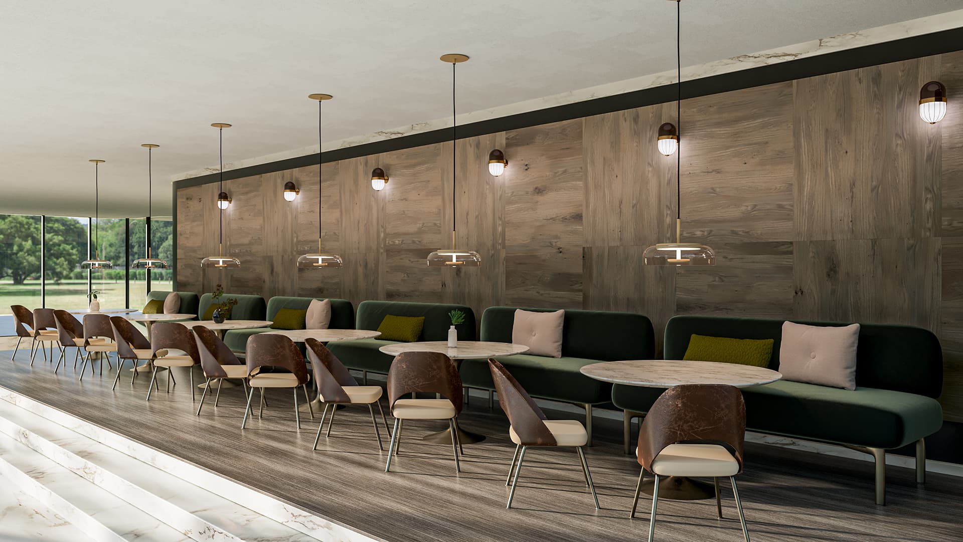 Modern restaurant interior with green and brown seating, woodgrain acoustic felt wall panels, and pendant lights hanging above marble-top tables. Large windows on one side reveal a view of greenery.