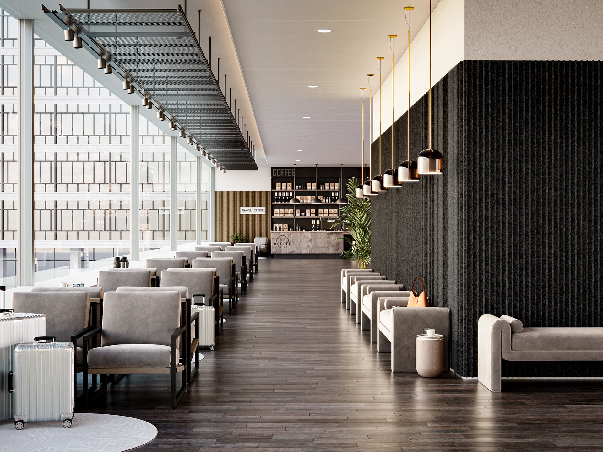 Modern hotel lobby with sleek, minimalist design. Features gray sofas, a long black acoustic felt wall with hanging lights, and a reception desk at the far end. Large windows on the left offer views of surrounding buildings. A suitcase is near a sofa.