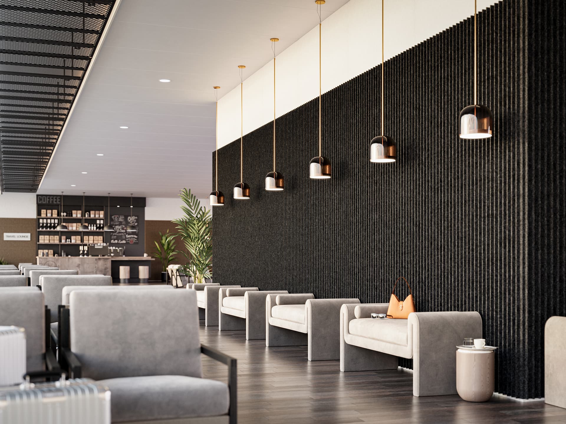 Modern, spacious lounge with gray seating, a ribbed black acoustic felt wall, and pendant lights. A coffee counter is in the background, and plants add greenery. Clean, minimalistic design with a warm, inviting atmosphere.