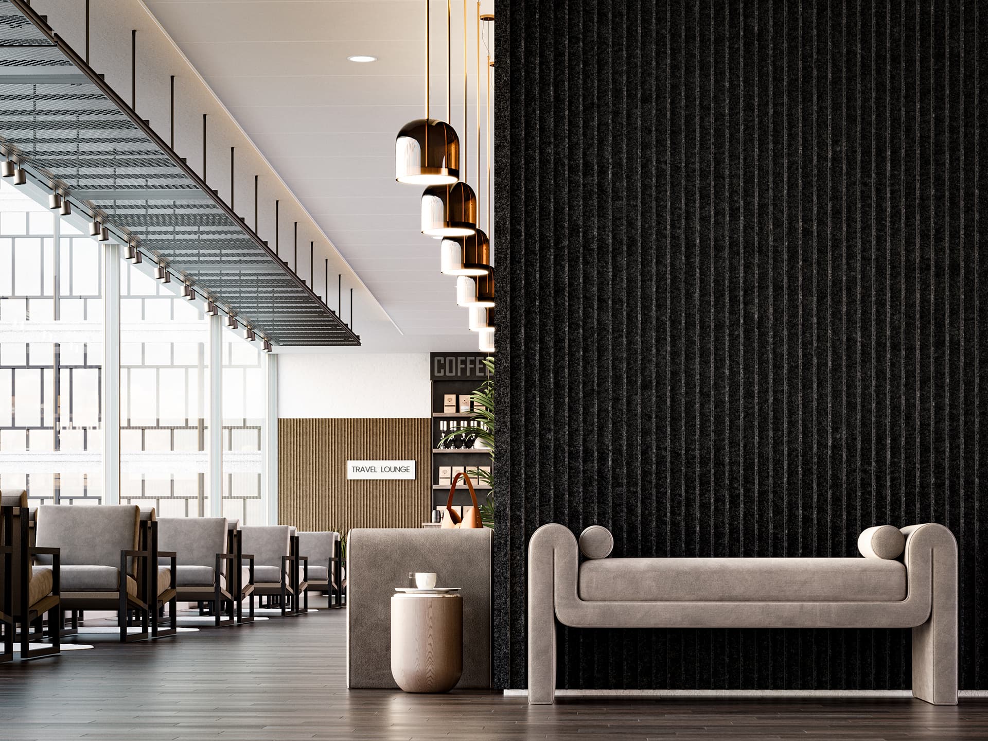 Modern interior featuring a waiting area with a beige bench next to a ribbed acoustic felt wall. To the left, a spacious seating area with armchairs, large windows, and a row of pendant lights, with a coffee area in the background.